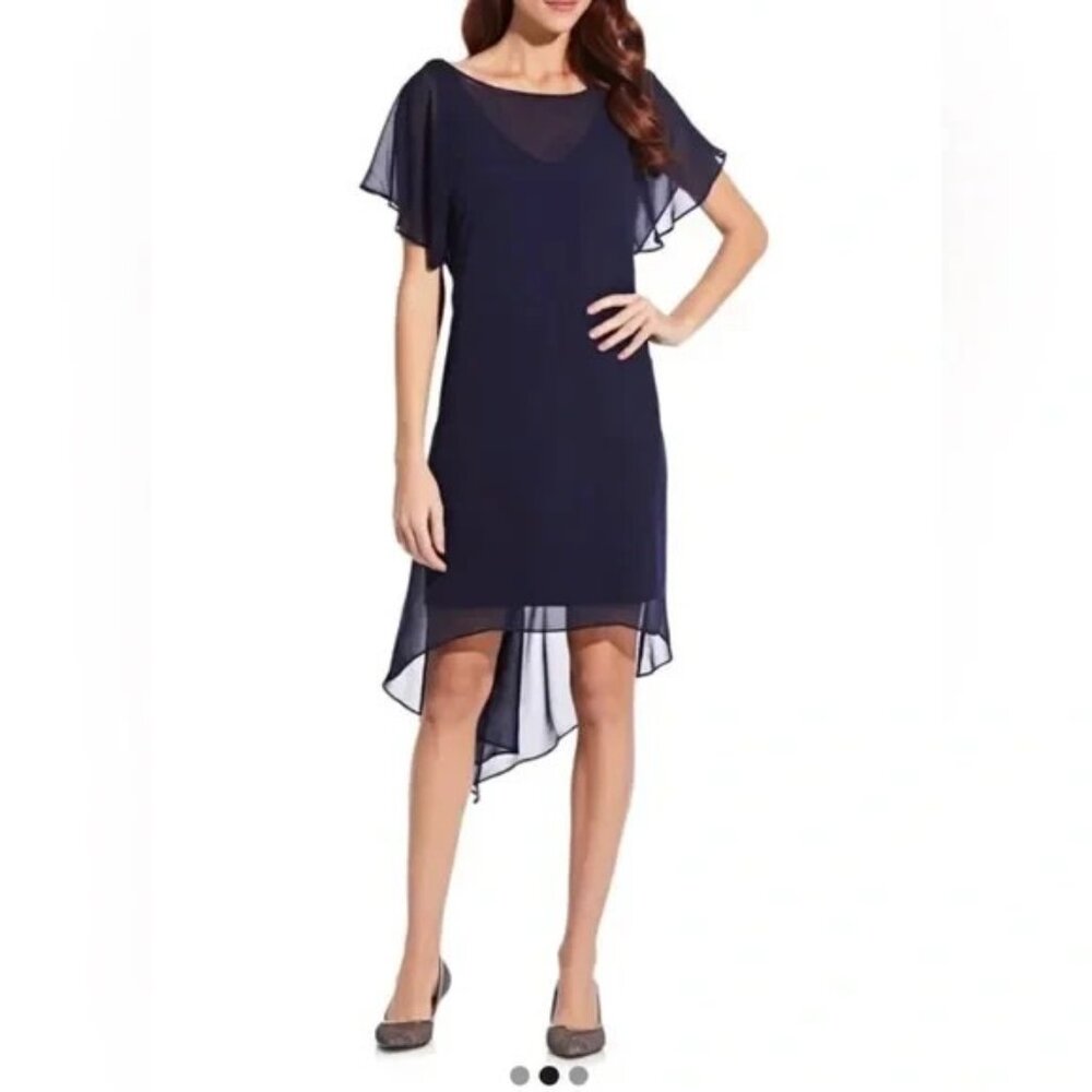 Adrianna Papell M 6 8 10 Chiffon A-Line Cocktail Dress Navy Blue NEW Washable